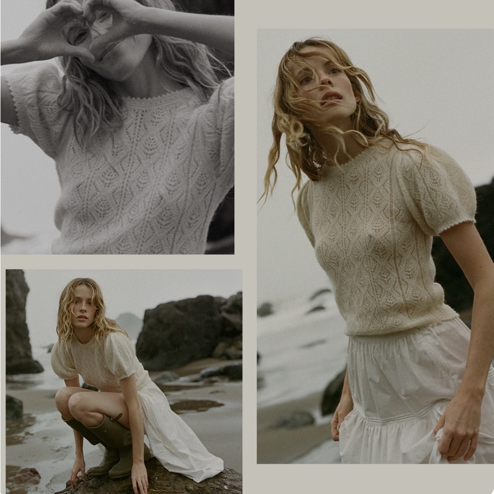 Doên “Carena” sweater. Beautiful, soft, short sleeve sweater in cream.